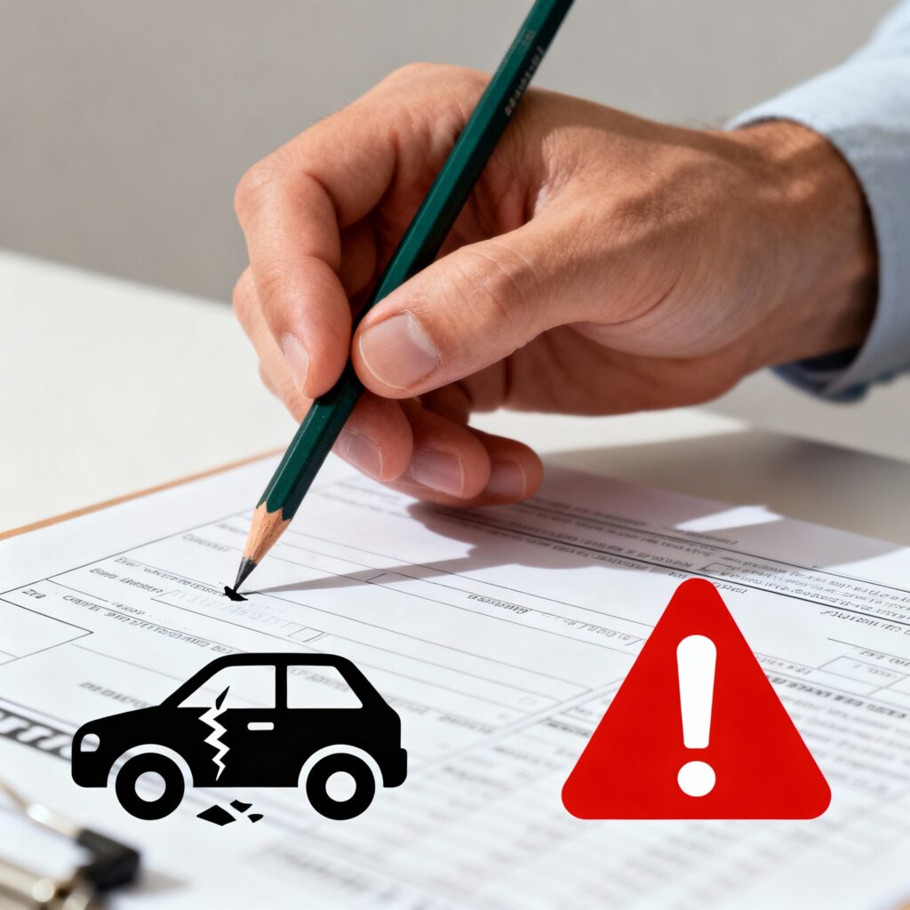 O mână care ține un creion deasupra unor formulare de asigurare auto, simbolizând procesul de Claims Handling în UK.