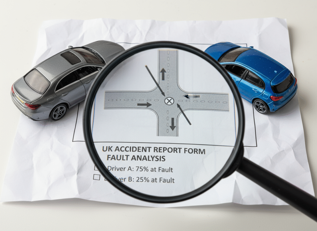 Analiză vinovăție accident auto UK fault vs non-fault diagnoză Carfix.