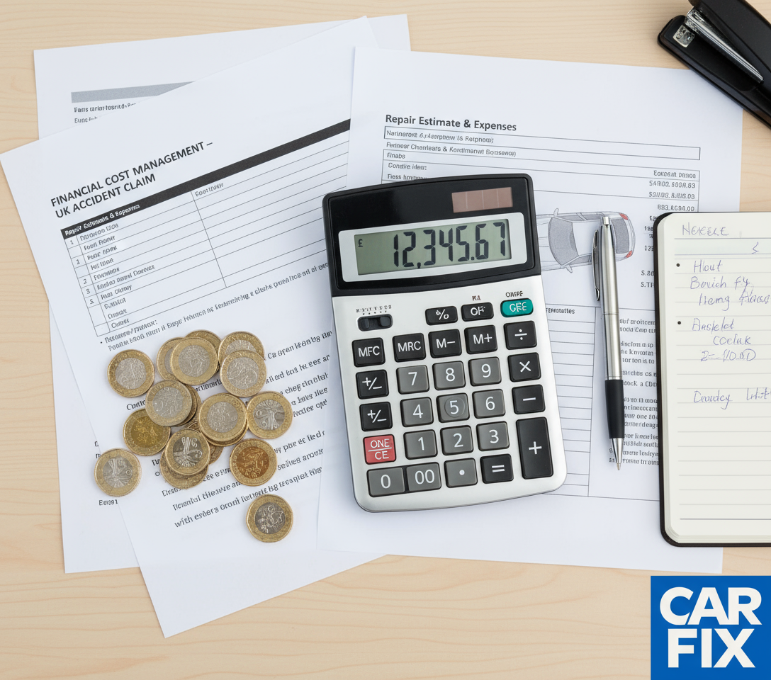 Un calculator, monede lire sterline și documente pe un birou, simbolizând recuperarea costurilor financiare după un accident în UK.