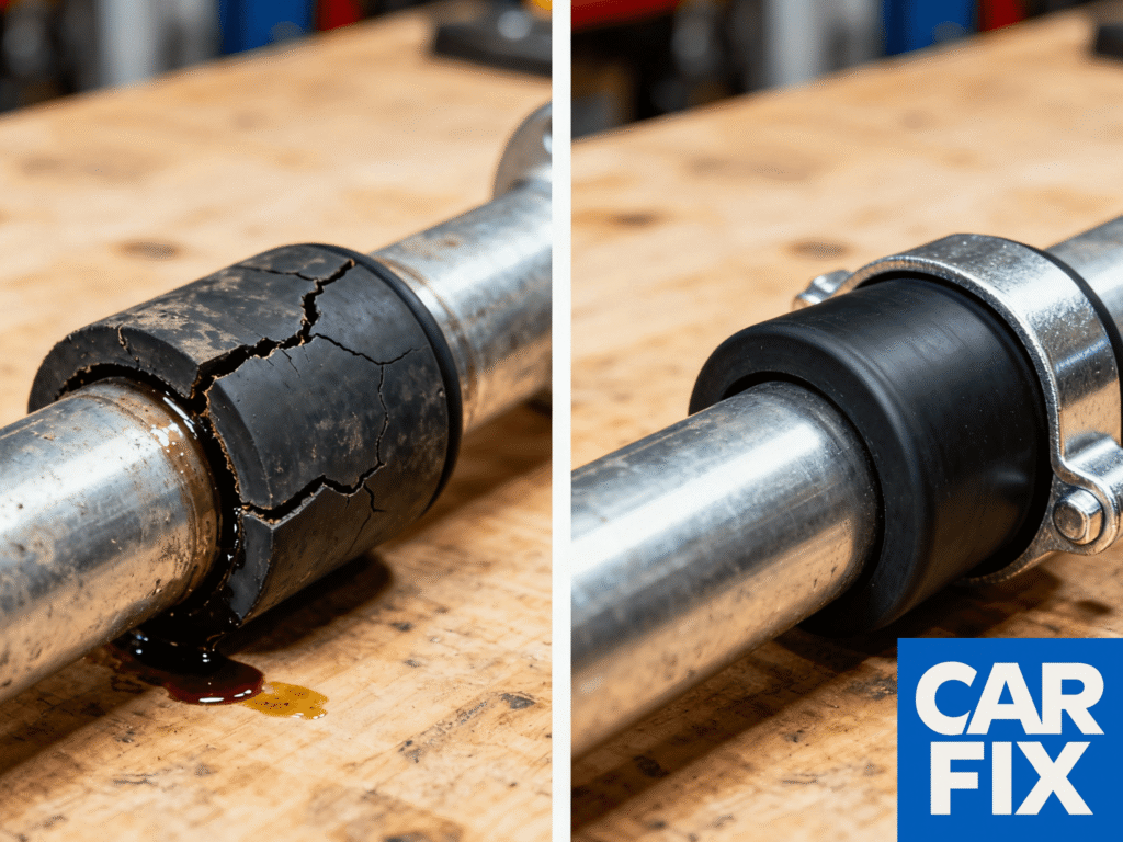 Comparație before and after: bucșă de bară stabilizatoare auto uzată, crăpată, lângă o bucșă nouă strânsă pe bară, fotografiate pe un banc de lucru dintr-un service din Londra.