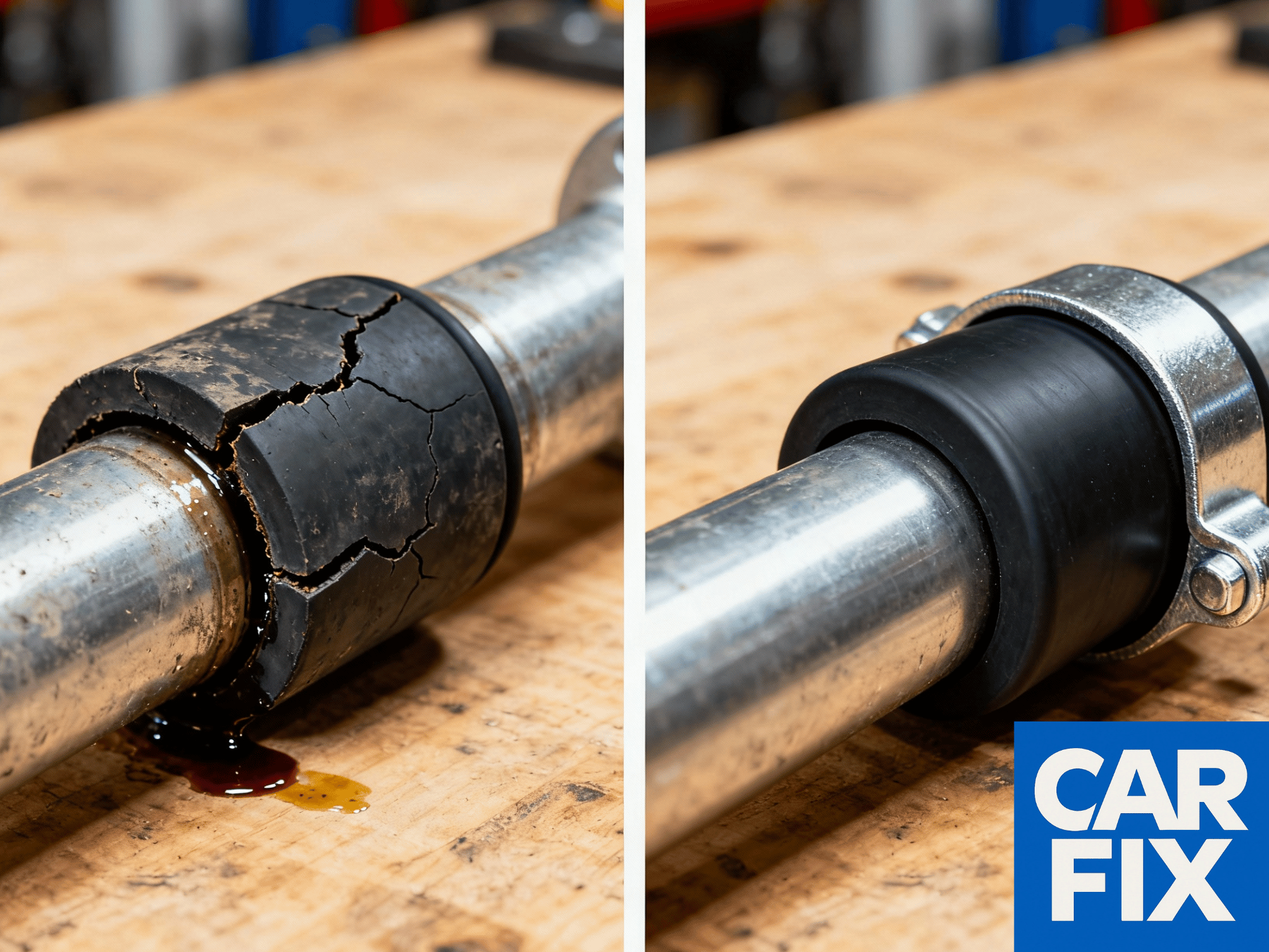 Comparație before and after: bucșă de bară stabilizatoare auto uzată, crăpată, lângă o bucșă nouă strânsă pe bară, fotografiate pe un banc de lucru dintr-un service din Londra.