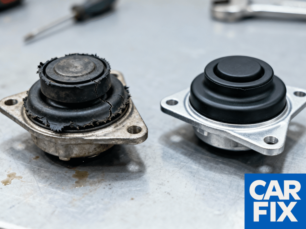 Comparație before and after cu tampoane de motor auto pe bancul de lucru: în stânga un tampon vechi, cu cauciuc ușor crăpat și tasat, cu urme discrete de ulei, iar în dreapta un tampon nou, curat, cu cauciuc negru intact, folosit pentru serviciile de înlocuire bucșe motor la Carfix Londra.