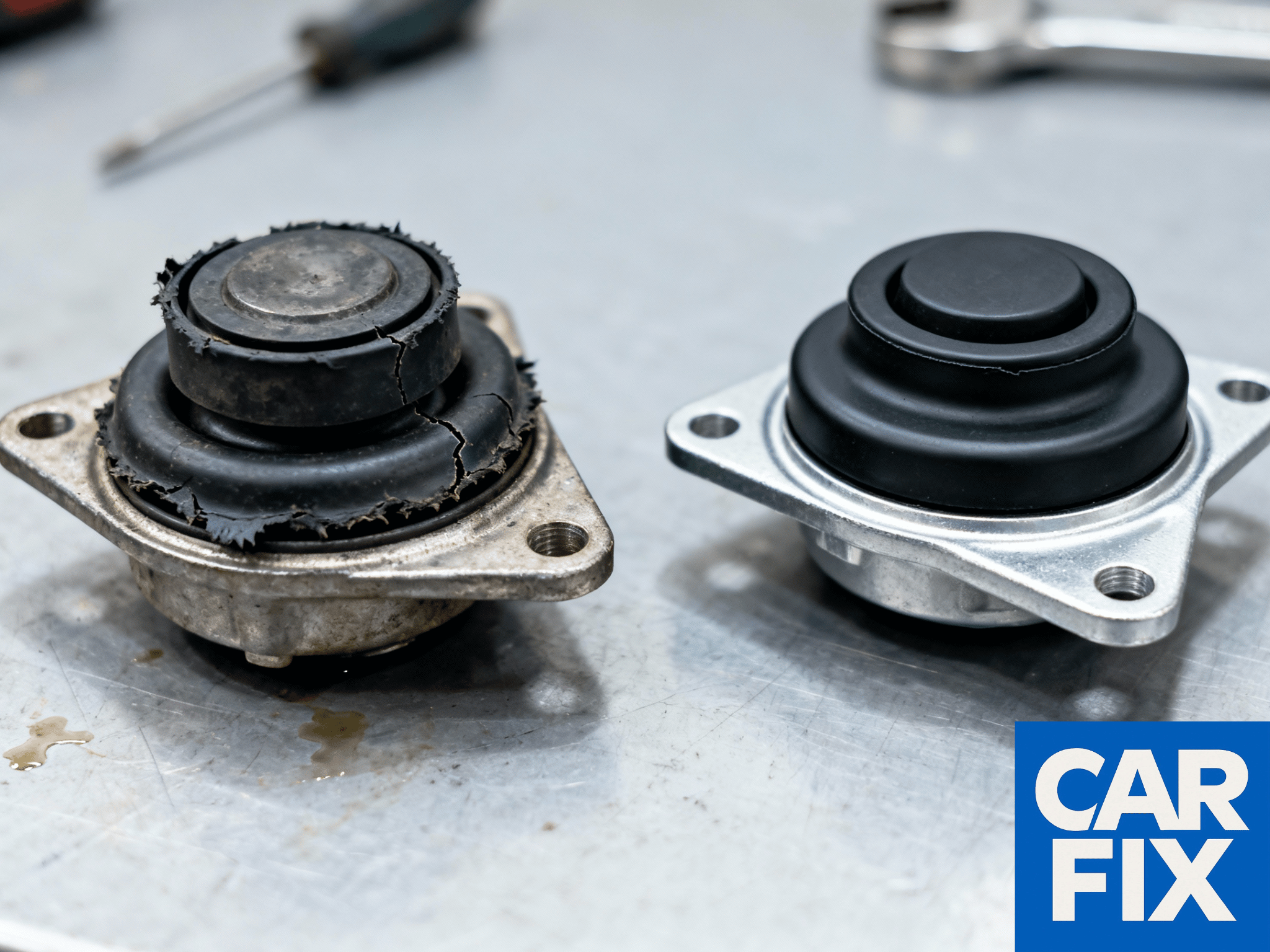 Comparație before and after cu tampoane de motor auto pe bancul de lucru: în stânga un tampon vechi, cu cauciuc ușor crăpat și tasat, cu urme discrete de ulei, iar în dreapta un tampon nou, curat, cu cauciuc negru intact, folosit pentru serviciile de înlocuire bucșe motor la Carfix Londra.