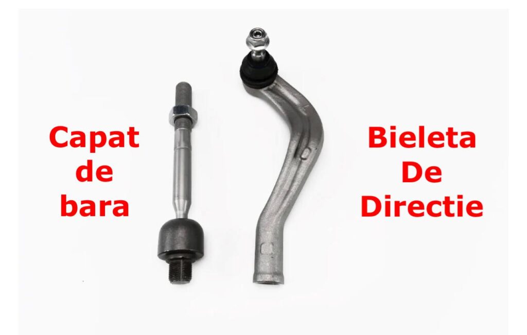 Capăt de bară și bieletă de direcție auto fotografiate pe fundal alb, cu text explicativ roșu, utilizate pentru a ilustra componentele sistemului de direcție.
