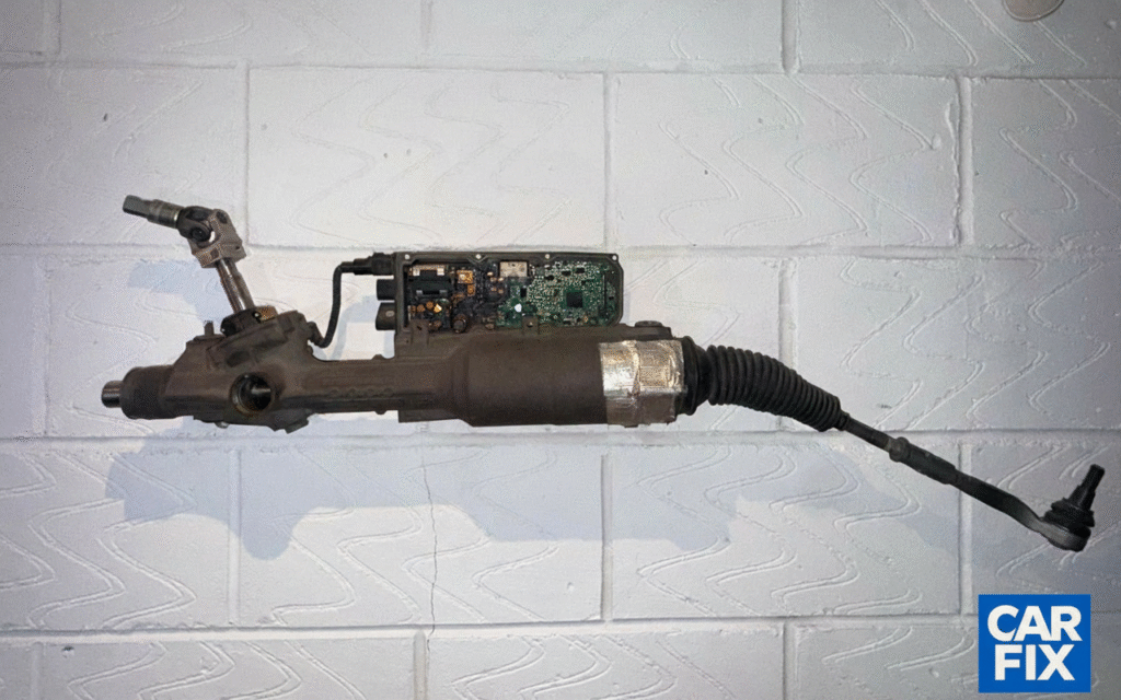 Casetă de direcție electrică demontată pe bancul de lucru, cu modulul electronic deschis și componentele vizibile, fotografiată pe un perete alb de service auto.