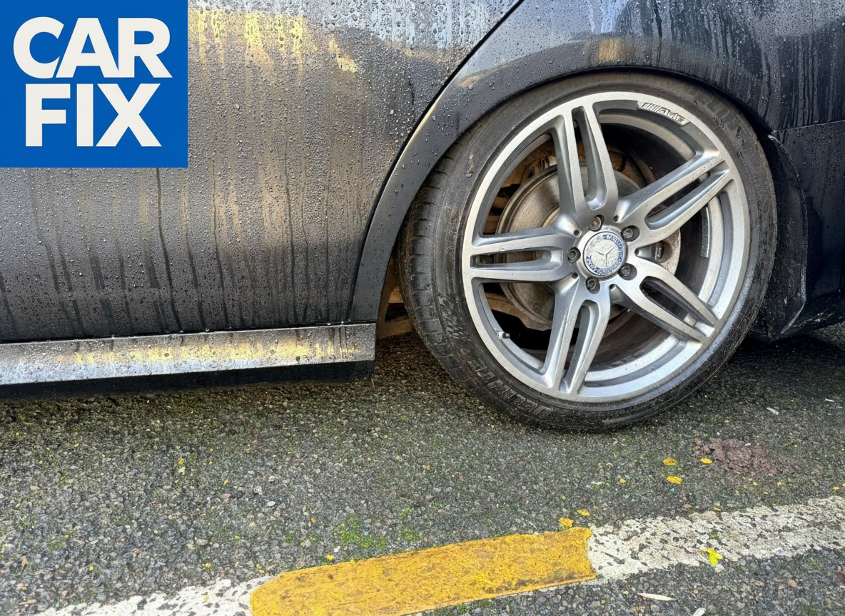 Pernă de aer Mercedes (AirMatic) uzată și compresor de suspensie pneumatică demontate pe bancul de lucru în service Carfix.