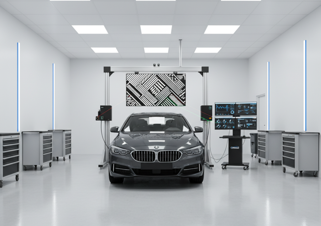 Tehnician la Carfix London utilizând un sistem laser de calibrare ADAS pe un vehicul modern.