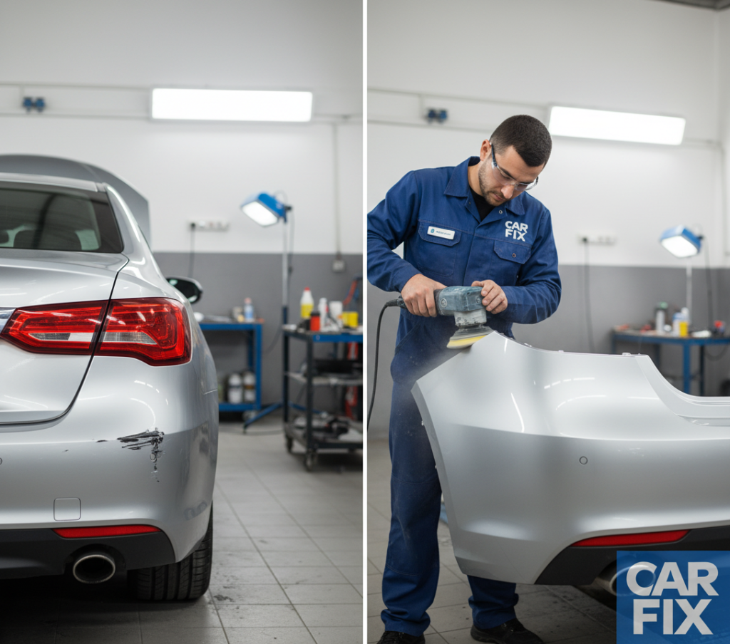 Technician at Carfix London repairing a bumper scuff on a lease car to avoid return penalties.
