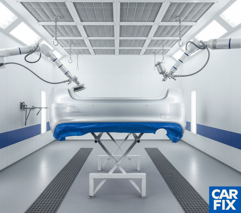 Tehnician vopsitor la Carfix London pregătind o mașină pentru returnarea la firma de leasing prin retușarea barei de protecție.