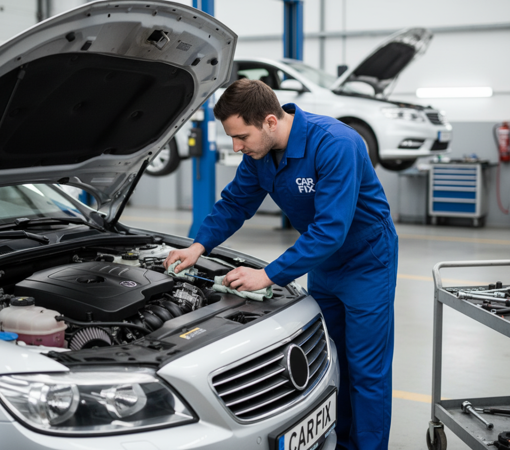 Mecanic român la Carfix London efectuând un Full Service prin verificarea filtrelor și a fluidelor motorului.