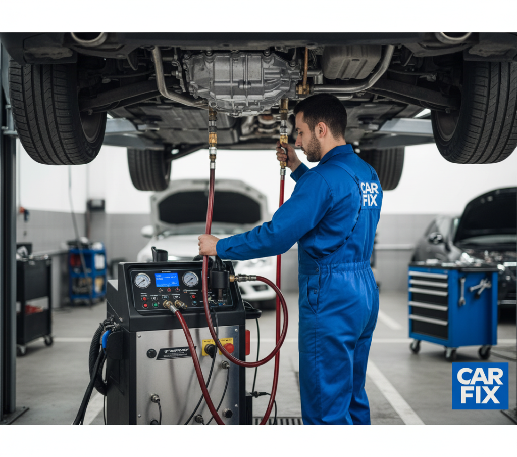 Specialist român la Carfix London efectuând un schimb de ulei profesional la o cutie de viteze automată.