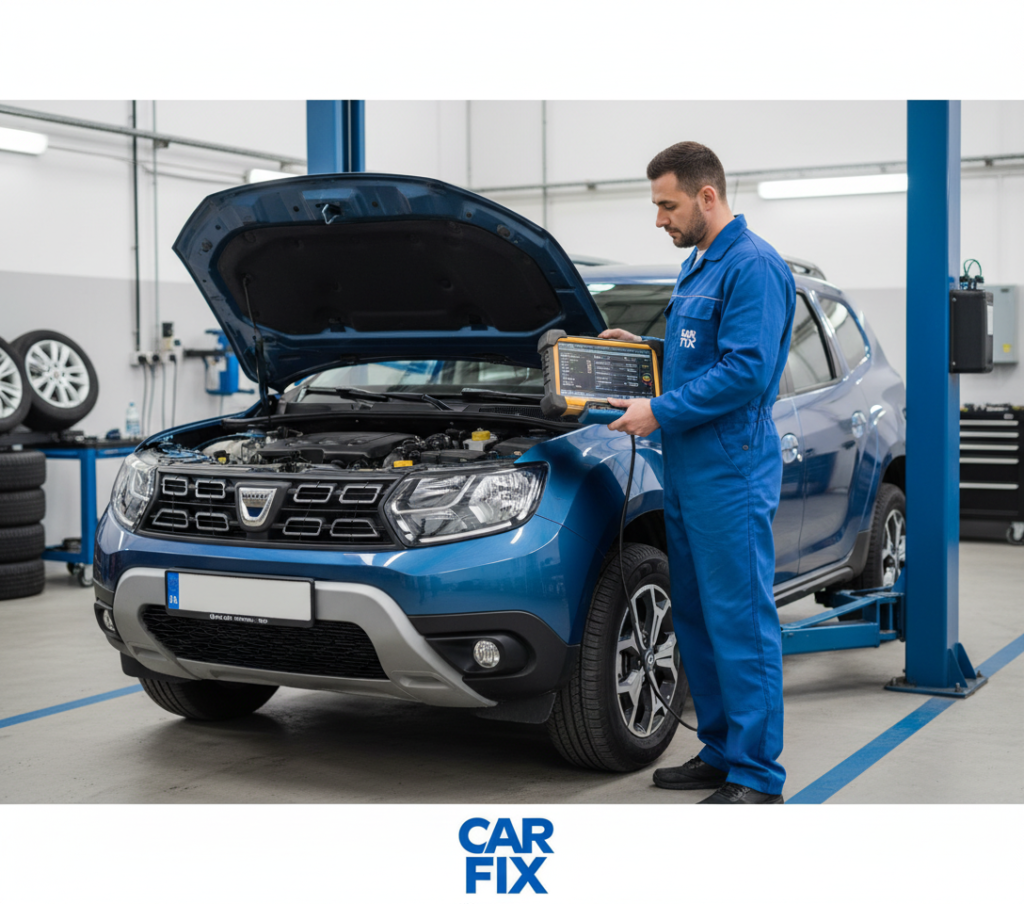 VAT registered Romanian mechanic performing an official B Service on a Dacia Duster in London.
