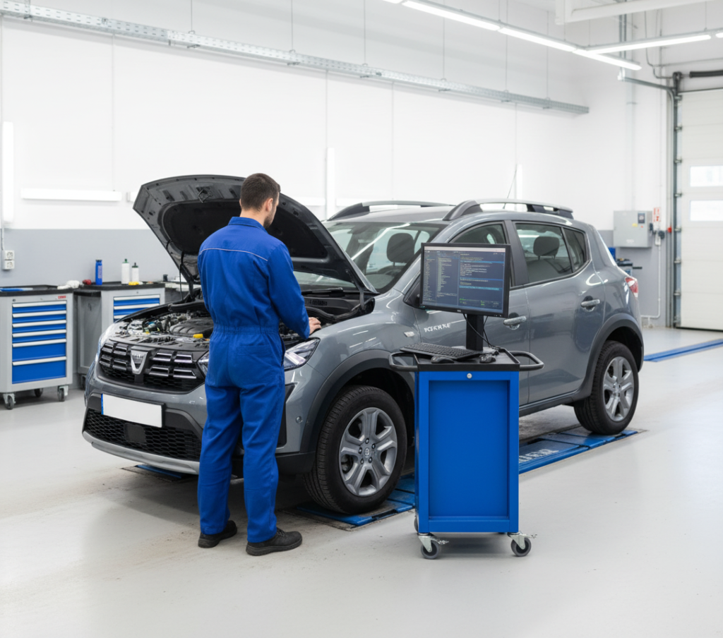 Mecanic român în Londra efectuând o diagnoză computerizată la un model Dacia Duster modern.