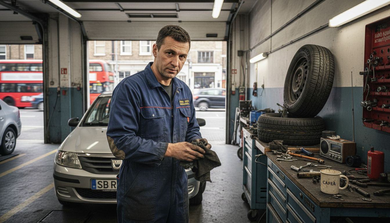Un mecanic român lucrează într-un atelier auto din Londra, printre scule și motoare.