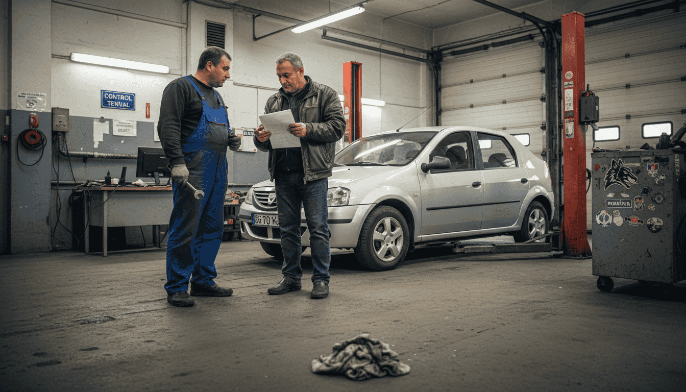 Șofer român la inspecția tehnică periodică (MOT) într-un service auto din Londra