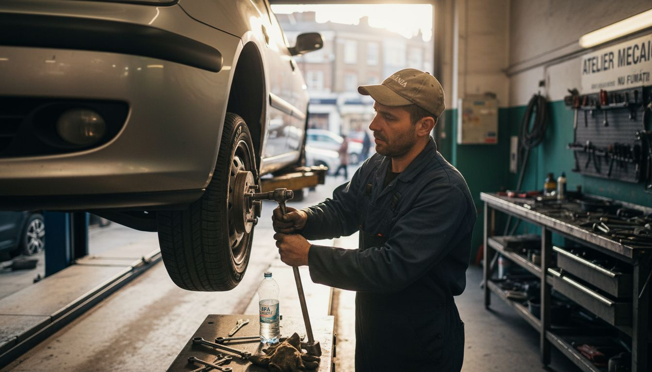 Un mecanic își face treaba la o mașină într-un service auto din Londra.