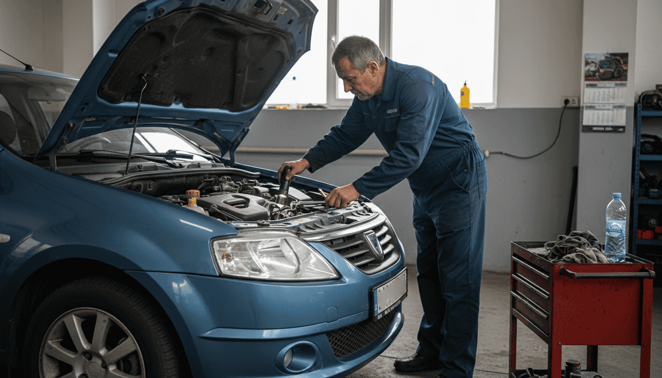 Mecanic verificând cu atenție motorul mașinii