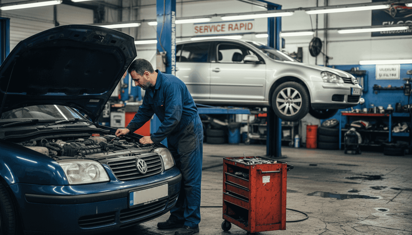 Un mecanic auto inspectează o mașină într-un service din Londra pentru revizia tehnică anuală.