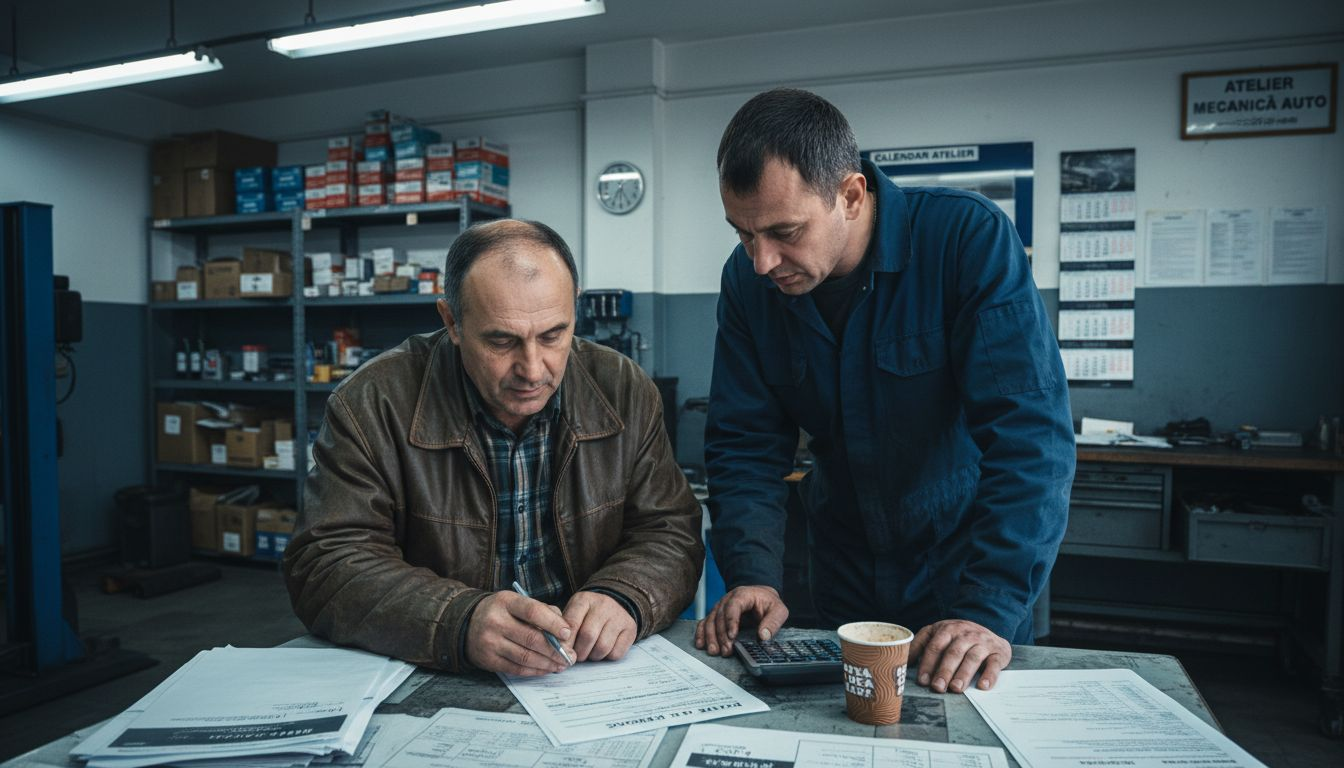 Mecanic discutând cu clientul despre costurile reparației