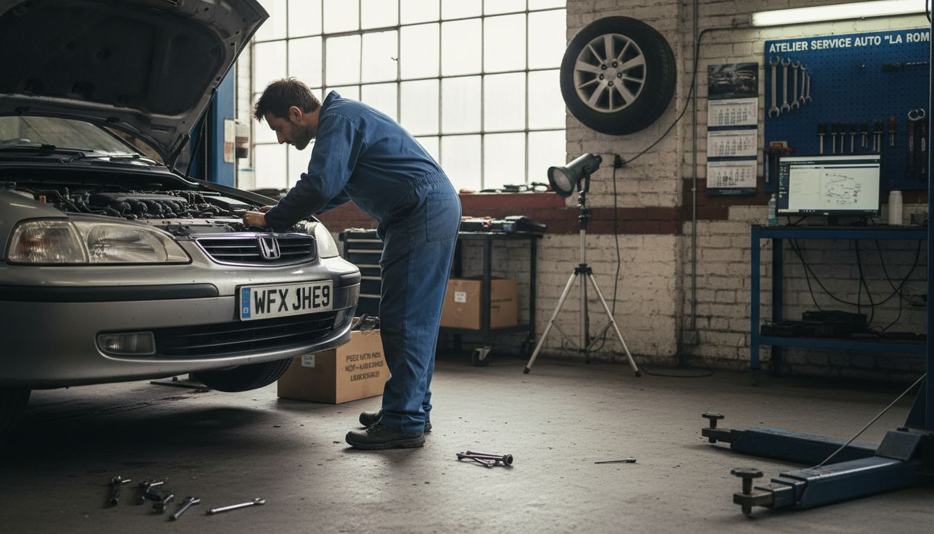 Un mecanic auto repară motorul unei mașini în garaj, cu mâinile pline de ulei și atenția concentrată la fiecare detaliu.