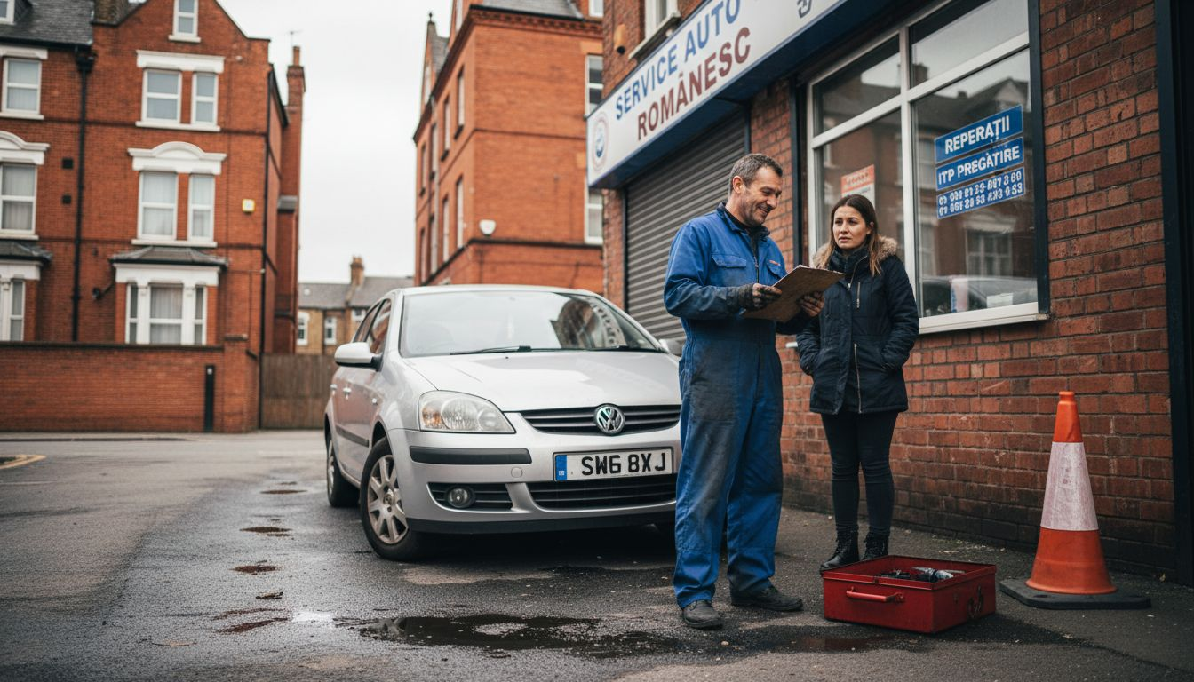 Mecanic român discutând cu un client în fața unui service auto de lângă Londra