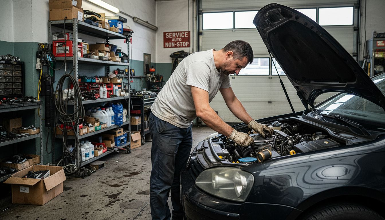 Un mecanic auto lucrează la repararea instalației electrice a unei mașini în service.
