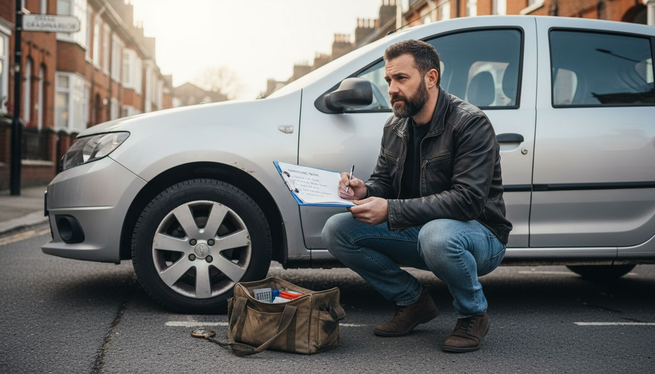 Un bărbat verifică lista de verificare a mașinii pe o stradă din Londra, atent să nu-i scape nimic înainte de a pleca la drum.