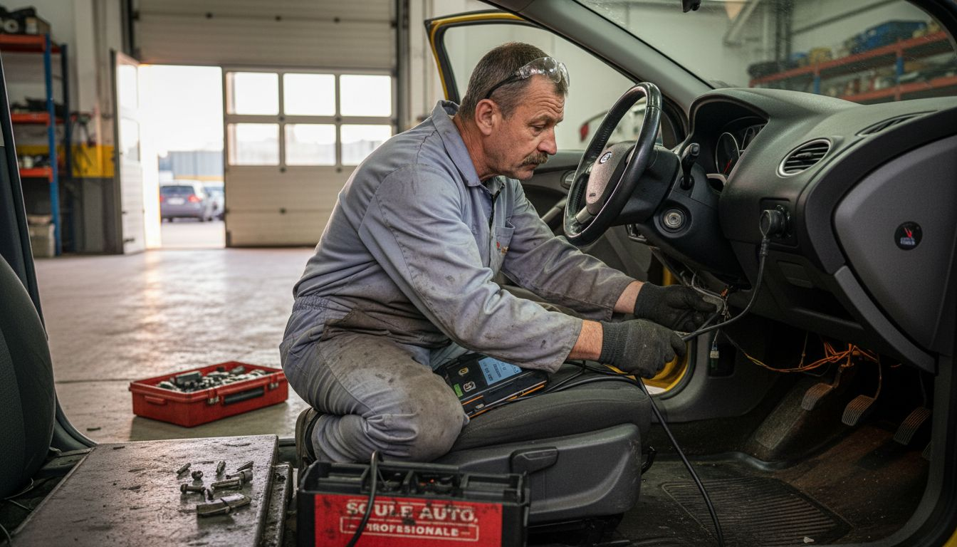 Mecanic auto realizează diagnoza electronică a mașinii