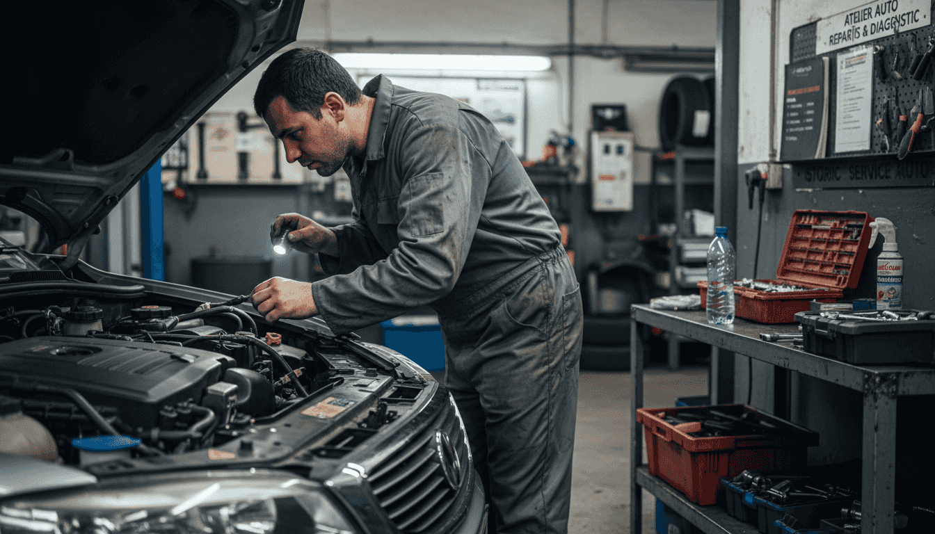 Un mecanic român verifică motorul unei maşini într-un service auto din Londra.