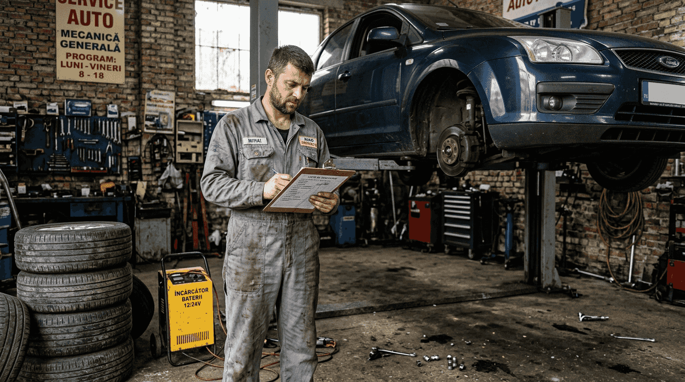 Un mecanic verifică atent o mașină într-un service auto din Londra.