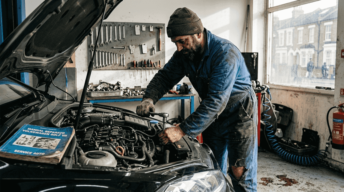 Un mecanic român lucrează la motorul unei mașini într-un service auto din Londra.