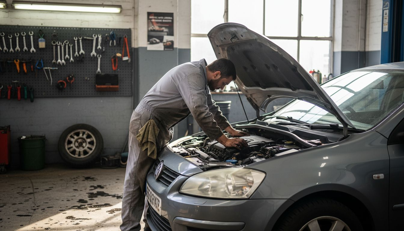 Un mecanic inspectează motorul unei mașini în atelierul auto.