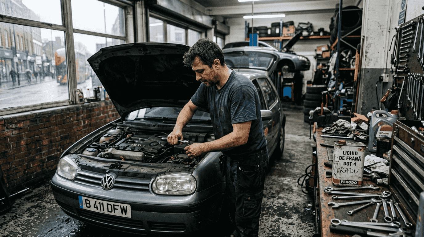 Un mecanic român inspectează motorul unei mașini într-un service auto din Londra.