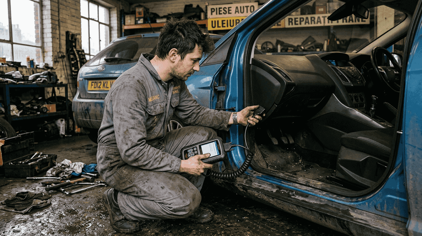 Mecanicŭl conectează testerul OBD-II la portul mașinii pentru a verifica eventualele probleme.