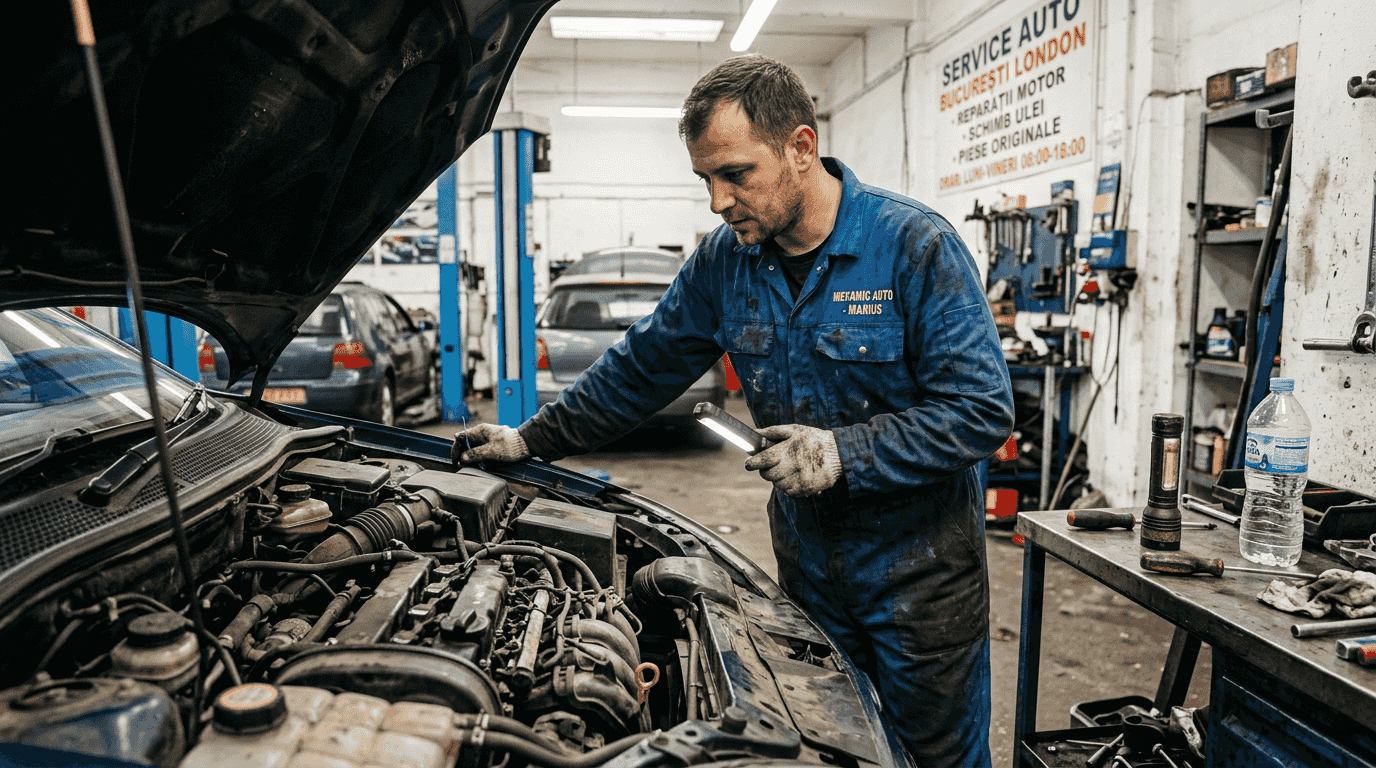Un mecanic român verifică atent motorul unei mașini în atelierul auto.