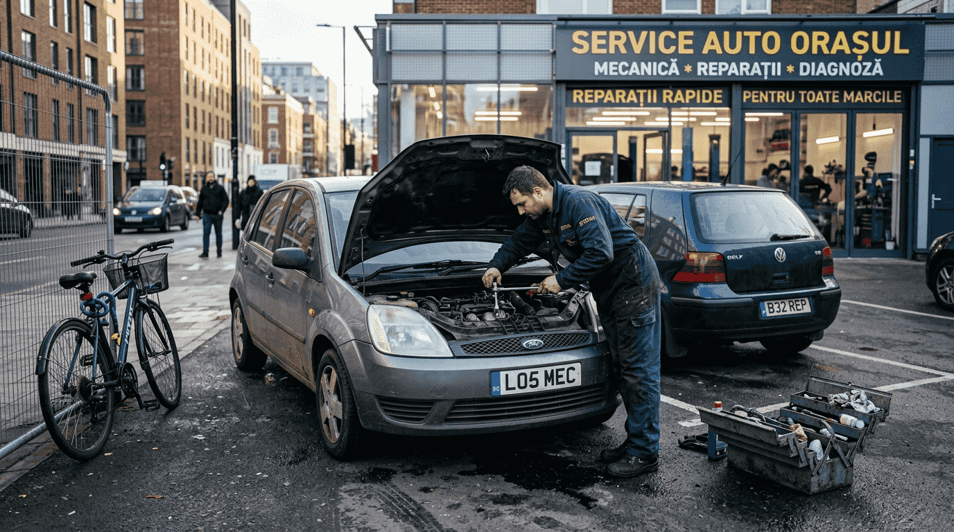 Un mecanic lucrează la reparația unei mașini, chiar în fața unui service auto modern din Londra.