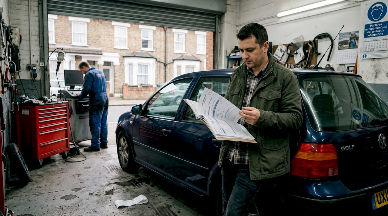 Un român proprietar de mașină își verifică actele într-un service auto din Londra.